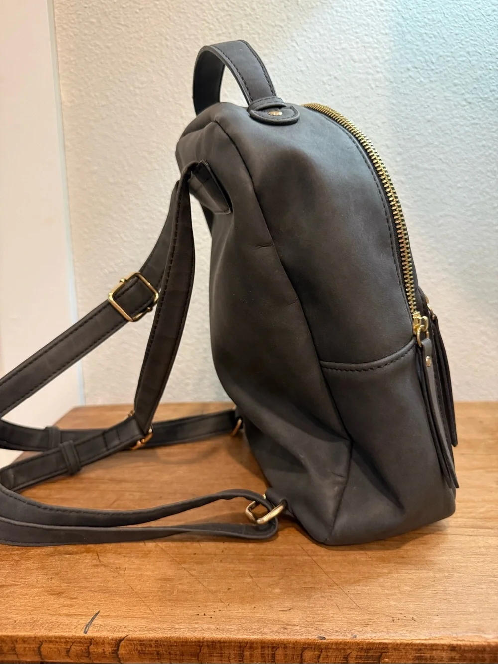 Black Faux Leather Mini Backpack Purse Gold Hardware
